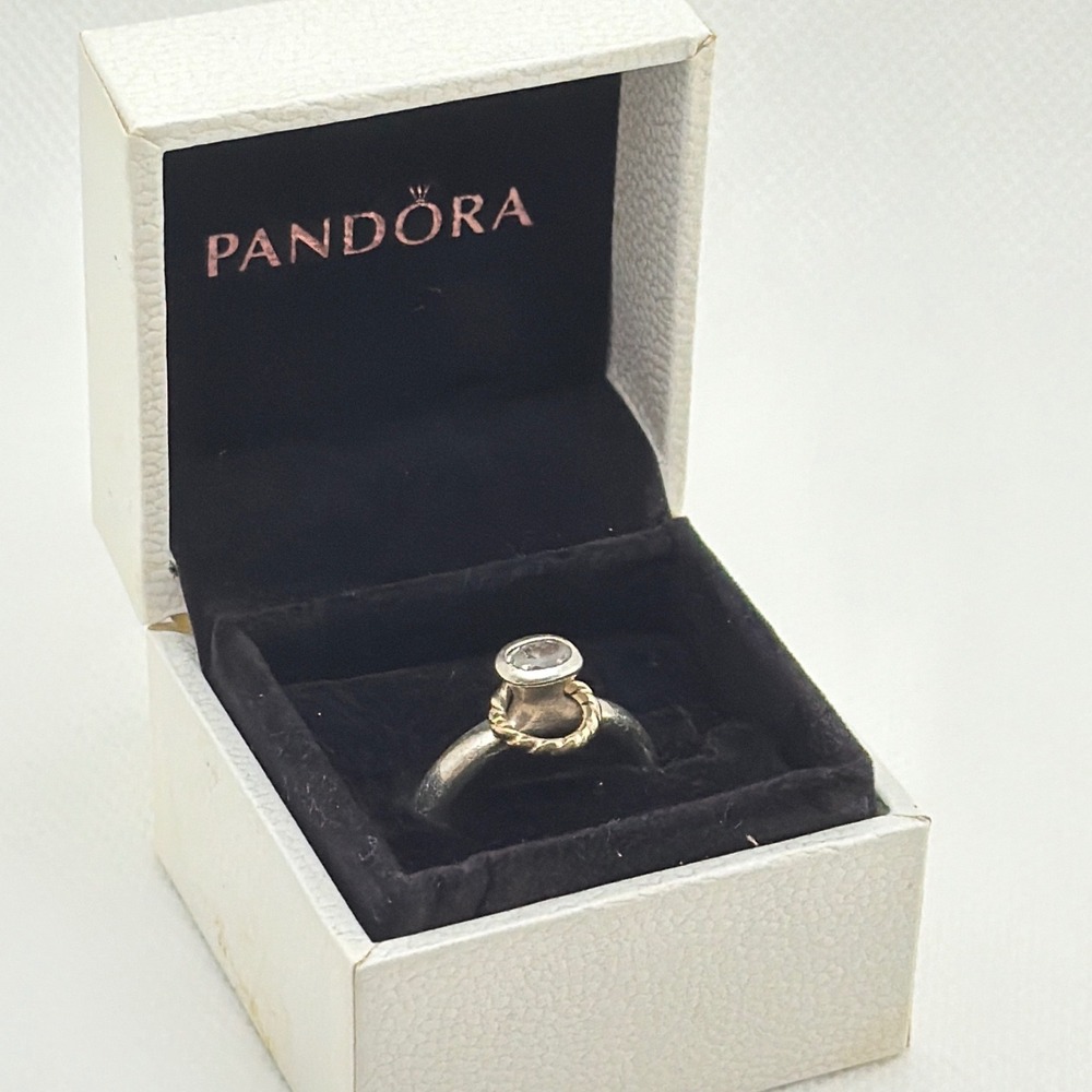 Pandora Ring Silver Gold Halo Clear Stone Size 7.5